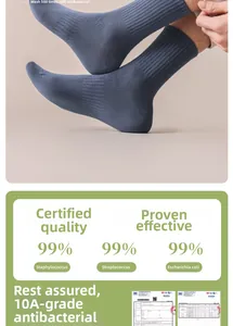 Détail de chaussette en coton bleu-gris avec texture côtelée et rapport antibactérien 99%
