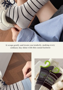 Detail der gerippten Bündchen an gestreiften Wollimitat-Socken in neutralen Farben