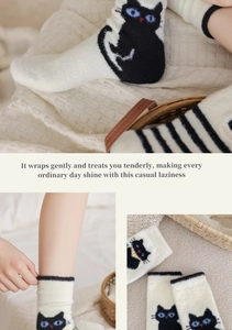 Détail de chaussettes d'hiver épaisses avec broderie chat et doublure polaire chaude