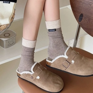 Brown suede faux fur lined mules with stylish color-block ribbed cotton crew socks