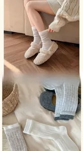 Detail of plush Mary Jane slippers and thick knit wool socks in a cozy home setting