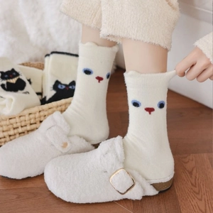 Chaussettes d'hiver épaisses tricotées avec broderie chat et doublure polaire chaude