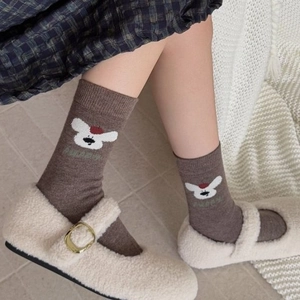 Calze spesse in lana Fair Isle da donna con motivo a cartone animato marrone e bianco