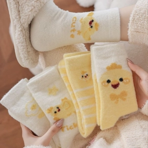 Chaussettes Femme Polaire Corail Épaisses Chaudes Hiver Thermiques Mignon Poussin Dessin Animé Peluche Maison Style Japon