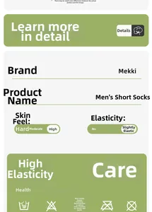 Detailed chart showing Mekki men's cotton socks features: high elasticity and skin comfort