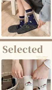 Detail of wool crew socks with cute dog embroidery and soft ribbed knit texture