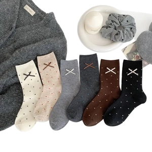 6-pack of women's winter wool socks with polka dots and bowknots in Morandi colors