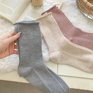 Japanese style frilly cotton blend crew socks in grey, beige and pink soft ribbed knit