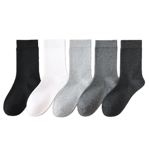 Five pairs of men's cotton crew socks in classic black, white, and grey shades