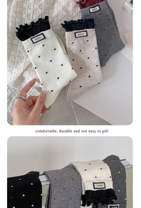 Detailed close-up of cotton socks with polka dots, ruffle trim, and M.E.K. fabric labels