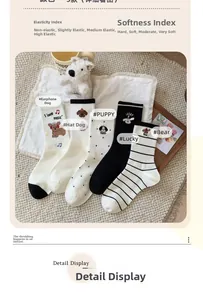 Flat lay of five pairs of cute cartoon dog and bear embroidered cotton mid-tube socks