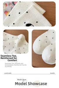 Detailed view of seamless toe and reinforced stitching on white polka dot cotton socks