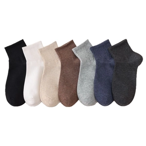 Seven pairs of premium cotton athletic crew socks in assorted neutral colors with ribbed cuffs