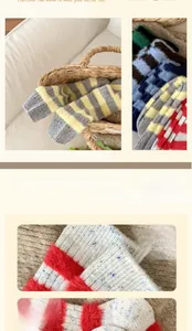 Detail view of colorful striped knit wool socks showing thick texture and warm plush material