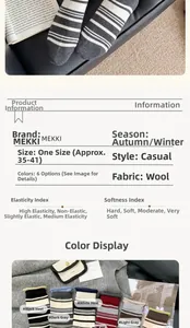 Size chart and specifications for thick wool socks including materials and six color options