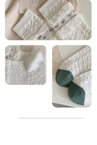 Detailed view of vintage relief knit socks featuring pink floral patterns and reinforced toes