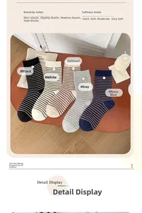 Gros plan de chaussettes en coton à rayures en noir, blanc, gris et bleu marine