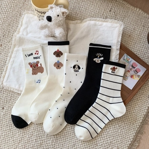 5-pack cute cartoon puppy and stripe mid-calf cotton socks in black and beige tones