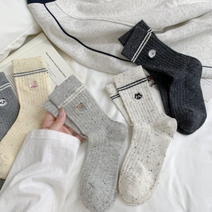 Women Combed Cotton Mid Calf Crew Socks Ribbed Striped Cuffs Cute Animal Embroidery Nep Yarn Soft Casual Socks