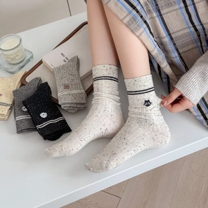 Women's ribbed cotton mid-calf socks with cute animal embroidery and speckled texture