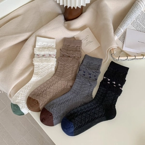 Women Combed Cotton Mid-Calf Socks Vintage Japanese Mori Girl Floral Embroidery Ruffle Hollow Out Knit Crew Socks