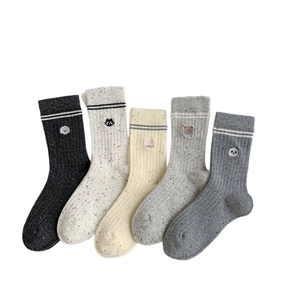 Set of 5 pairs of Korean style cotton mid-tube socks with cute animal embroidery and speckle yarn