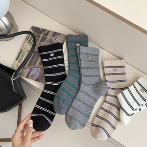 Women Crew Socks Combed Cotton Striped Ribbed With Metal Buckle Decorative Casual Sporty Korean Style