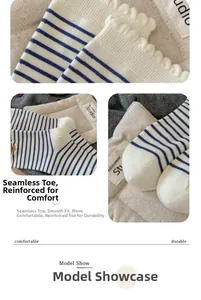 Detail of blue striped cotton socks featuring wave edge cuffs and reinforced seamless toes