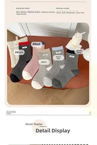 Detail view of cotton striped crew socks in five colors with high elasticity and soft texture