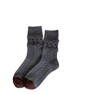 Vintage grey and brown textured knit crew socks with delicate floral embroidery