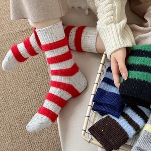 Warm thick wool blend striped crew socks with fuzzy feather yarn in various colors