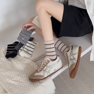 Striped cotton crew socks for women with silver metal buckle and casual ribbed texture