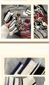 Detailed view of thick wool socks showing knitted texture, elastic cuffs and striped patterns