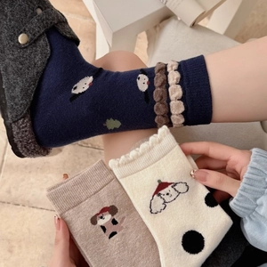 Winter wool mid-calf socks with cute dog patterns and polka dots for women