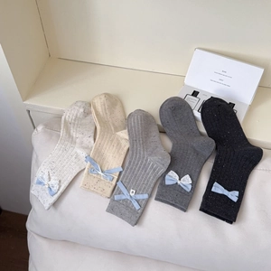 Japanese Style Sweet Bow Crew Socks Women Combed Cotton Ribbed Knit Mid-Calf Seamless Toe Speckled Fashion Socks For Girls