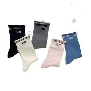 Five-pack of rib-knit mid-calf socks with athletic stripe and 05 print in multi-colors