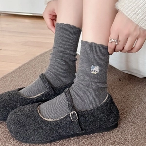 Thick wool-like crew socks with cute cat embroidery and grey Mary Jane plush shoes