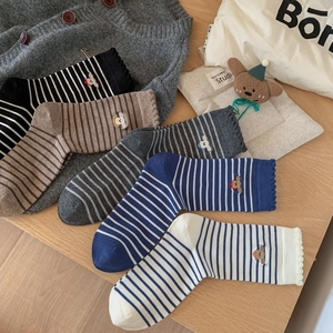 Five pairs of striped cotton crew socks with bear embroidery and wavy ruffled cuffs