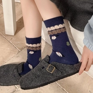 Blue knitted crew socks with cute cartoon dog pattern and grey felt buckle clogs