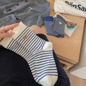 Women's cotton crew socks with bear embroidery and stripe pattern in assorted colors