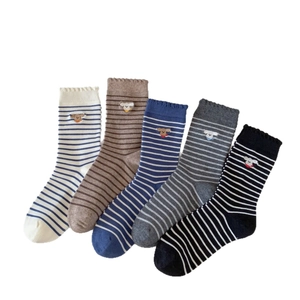 Five pairs of striped cotton crew socks with cute bear embroidery and wavy cuffs