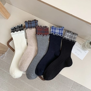 Five pairs of vintage plaid ruffle socks for women in beige and navy cotton fabric