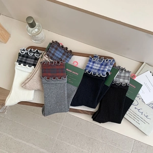 5-pair set of women's ribbed cotton mid-calf socks with plaid ruffle cuffs in five colors