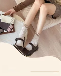 Detailed close-up of ribbed cotton crew socks featuring striped cuffs in Japanese INS style