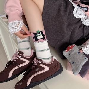 Mid-Calf Crew Socks Combed Cotton Ruffled Lettuce Edge Cartoon Animal Mushroom Embroidery Japanese Casual Soft Women