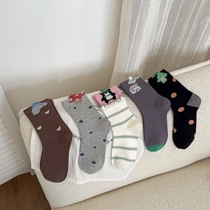 Set of 5 Japanese-style cotton crew socks with heart patterns and cute animal designs