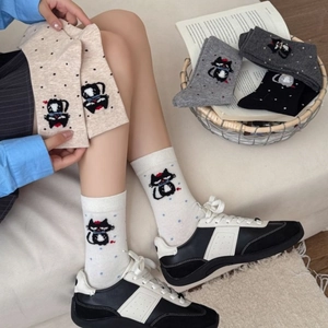 Cute cartoon cat crew socks set for women in grey and beige tones with dot patterns