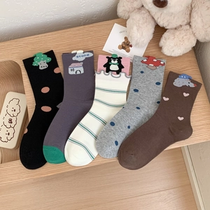 Five-pack set of cotton crew socks featuring cute cartoon embroidery and lettuce edge trim