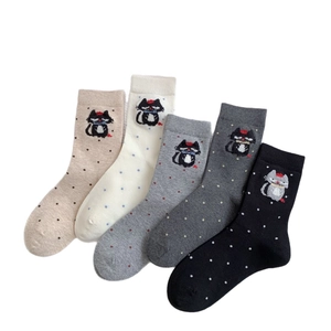Five pairs of cotton crew socks with 3D cartoon cat embroidery and polka dot patterns
