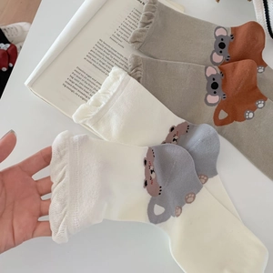 Japanese style mid-calf cotton socks with 3D cartoon animal patterns and ruffle trim edges